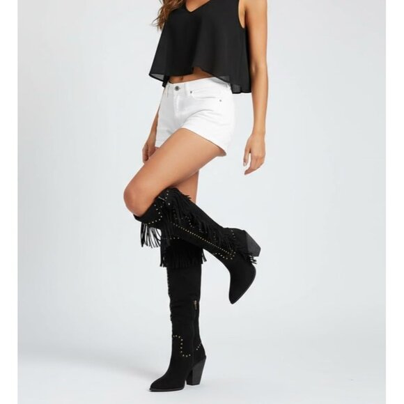 Women's Black Suede Pull On Classic Fringe Boots Knee High Boho Western Boots - Picture 3 of 7